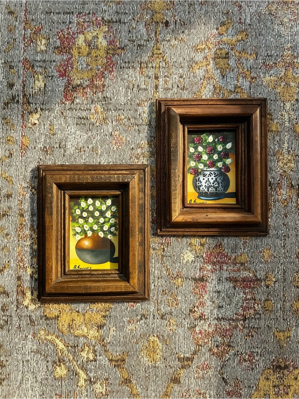 Vintage Wooden Framed Floral Still Life Oil Paintings Wall Art Pair